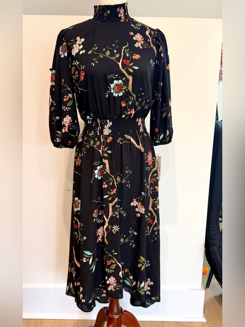 NWT Nanette Lepore Black Floral Midi Dress with Smocked Waist and High Neckline
